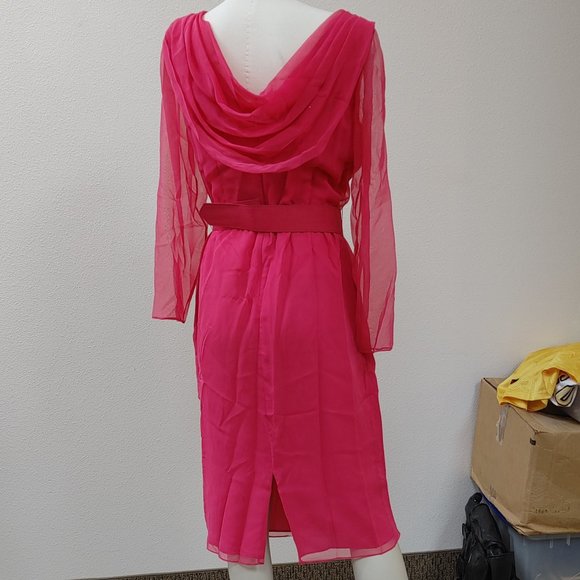 NAH NAH COLLECTION BELTED PINK DRESS SIZE 12 WITH SHEER LONG SLEEVE - Picture 4 of 12